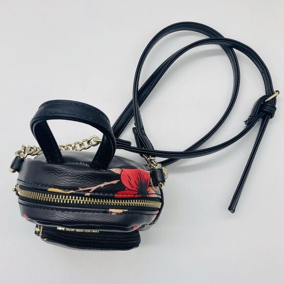 GUESS 7” Mini Backpack Crossbody Handbag Faux Leather Black Floral Zip Closure - Picture 7 of 10